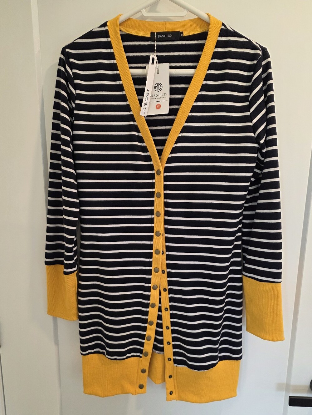 NWT Striped White & Navy Knit Cardigan with Mustard Trim SZ M